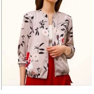 Loft Ann Taylor Satin Floral Bomber Jacket Gray/Silver Full Zip Size XL